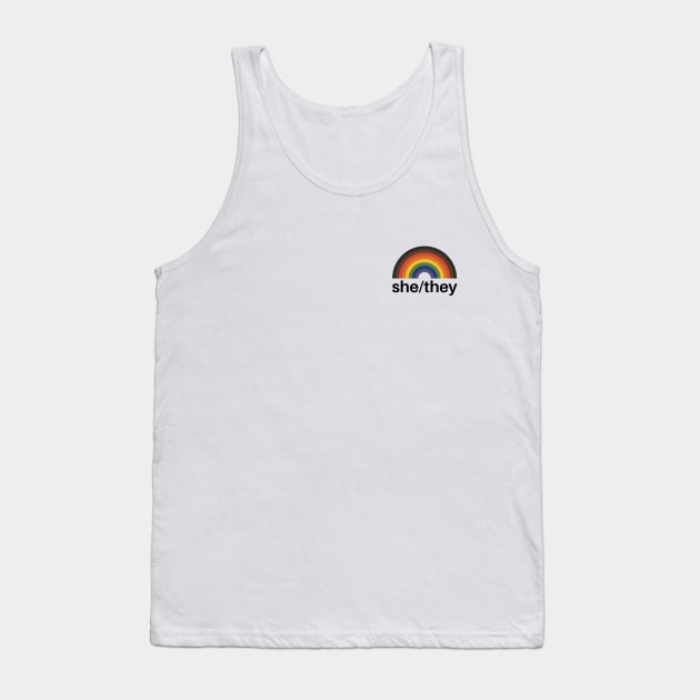 She/They Pronouns Rainbow Tank Top by lavenderhearts